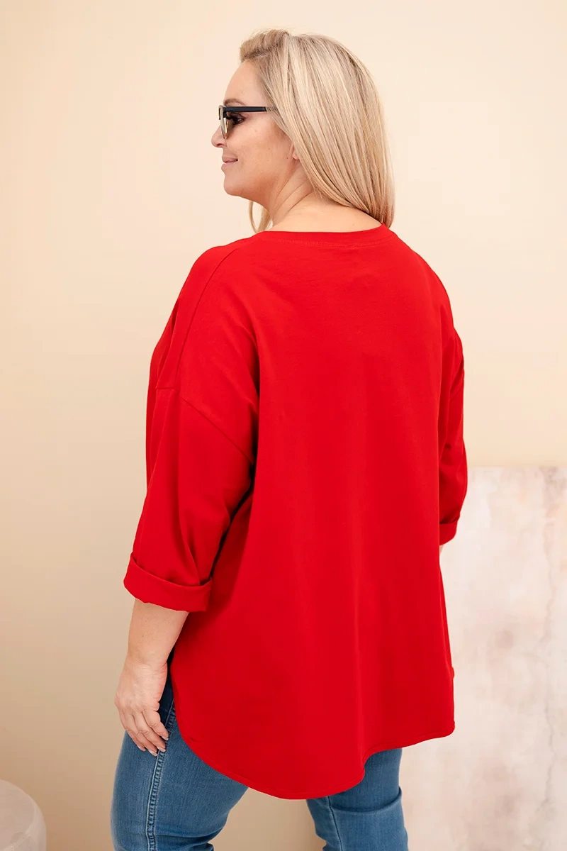 Bluzka damska Plus Size z bawełną z kieszenią i rękawem podwijanym czerwona 3 Bluzka damska Plus Size z bawełną z kieszenią i rękawem podwijanym czerwona - obrazek 3