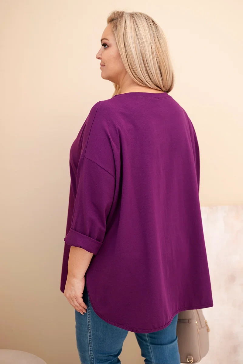 Bluzka damska Plus Size z bawełną z kieszenią i rękawem podwijanym ciemno fioletowa 3 Bluzka damska Plus Size z bawełną z kieszenią i rękawem podwijanym ciemno fioletowa - obrazek 3