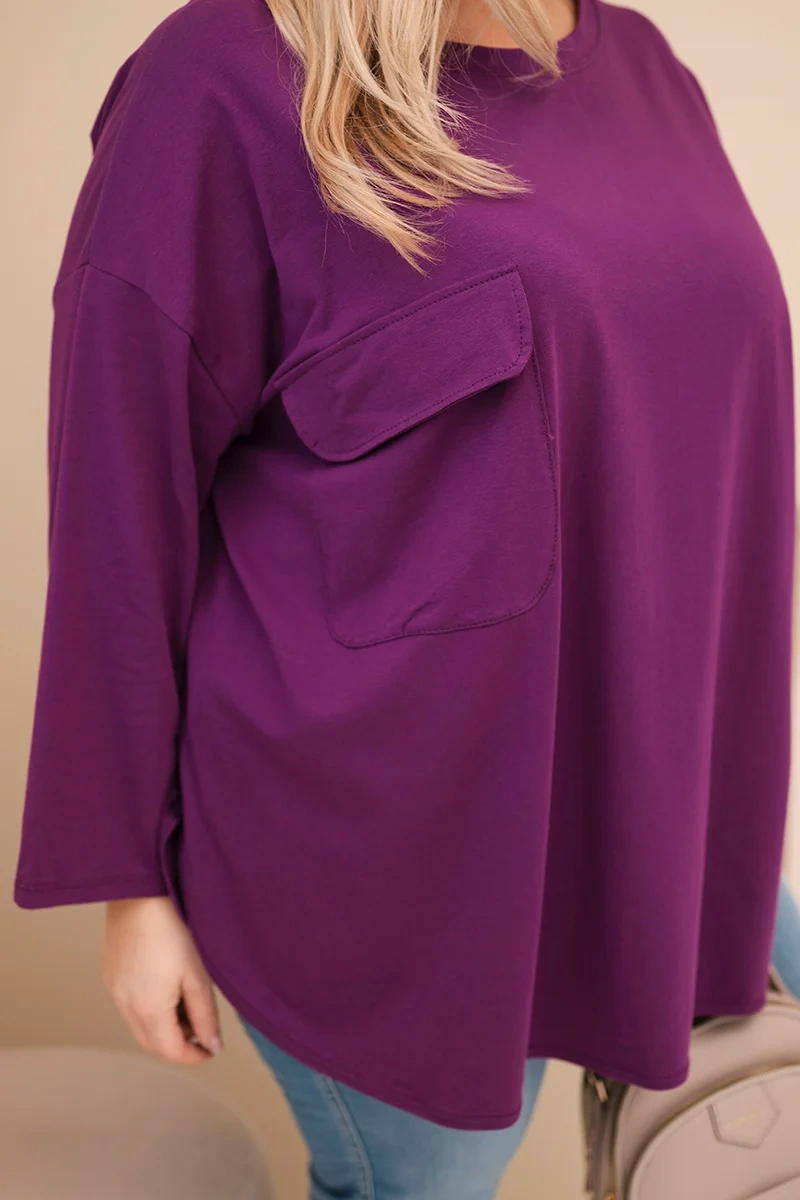 Bluzka damska Plus Size z bawełną z kieszenią i rękawem podwijanym ciemno fioletowa 4 Bluzka damska Plus Size z bawełną z kieszenią i rękawem podwijanym ciemno fioletowa - obrazek 4