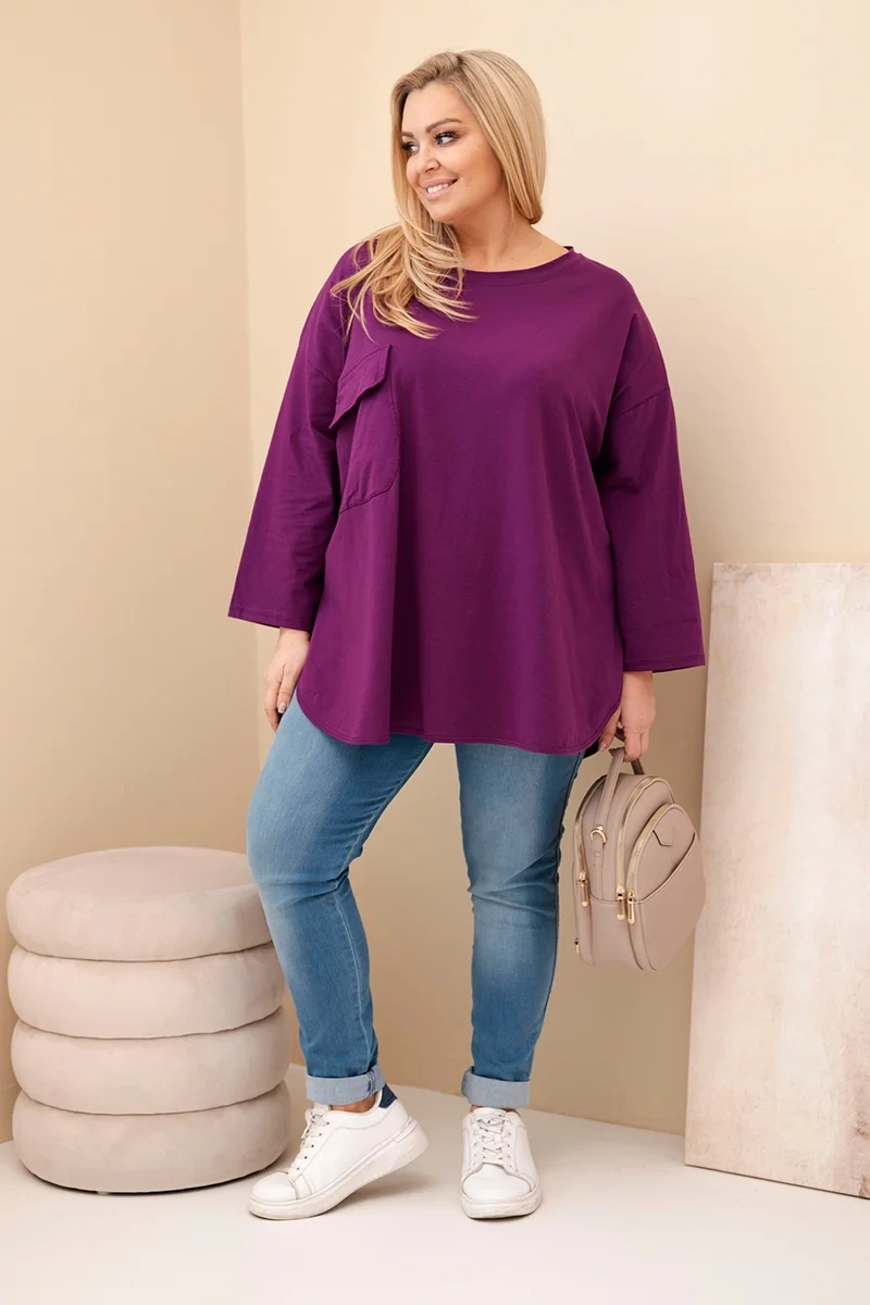 Bluzka damska Plus Size z bawełną z kieszenią i rękawem podwijanym ciemno fioletowa 2 Bluzka damska Plus Size z bawełną z kieszenią i rękawem podwijanym ciemno fioletowa - obrazek 2
