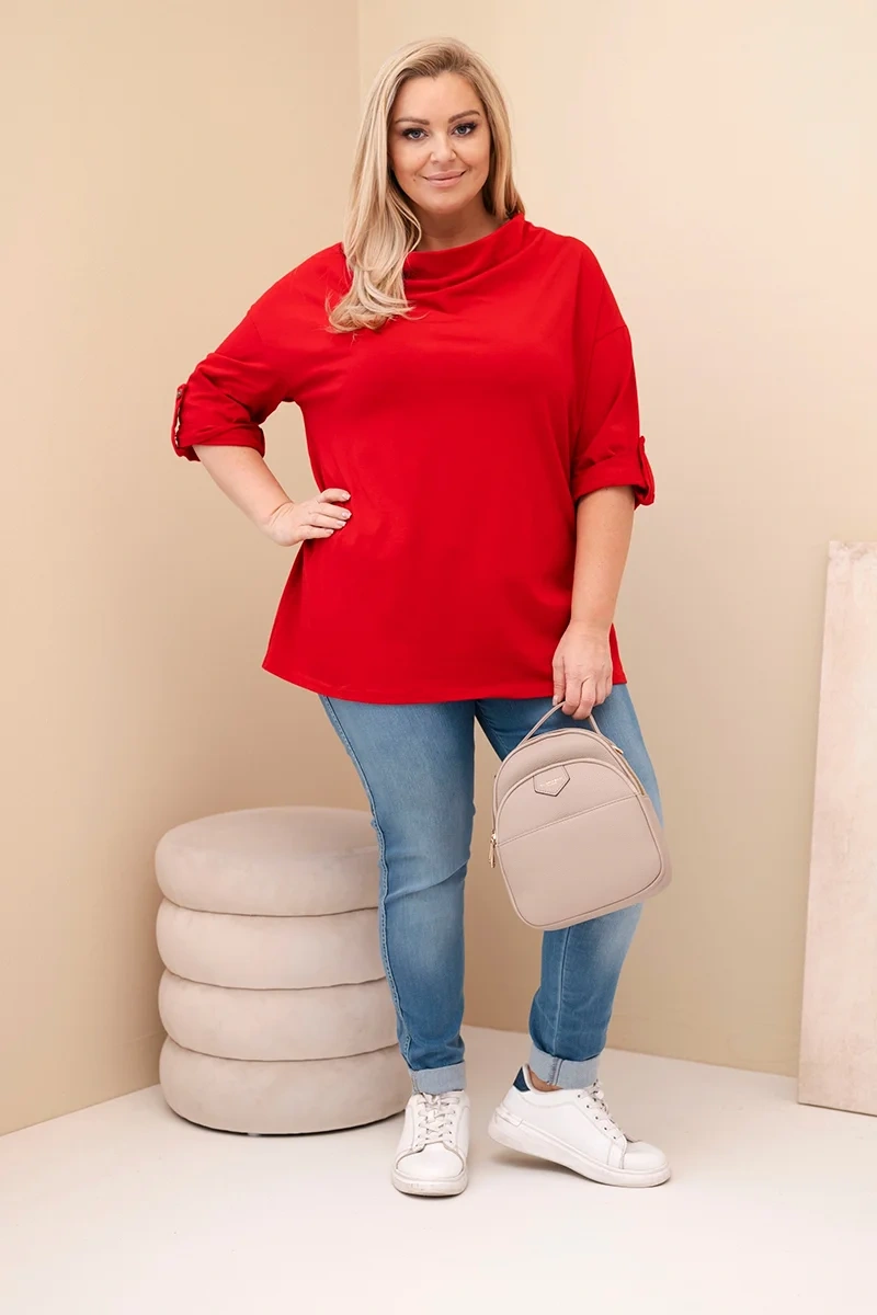 Bluzka damska Plus Size z bawełną o luźnym kroju z dekoltem wodnym czerwona 2 Bluzka damska Plus Size z bawełną o luźnym kroju z dekoltem wodnym czerwona - obrazek 2