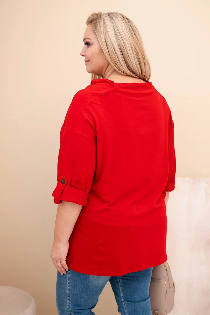 Bluzka damska Plus Size z bawełną o luźnym kroju z dekoltem wodnym czerwona 3 Bluzka damska Plus Size z bawełną o luźnym kroju z dekoltem wodnym czerwona - obrazek 3