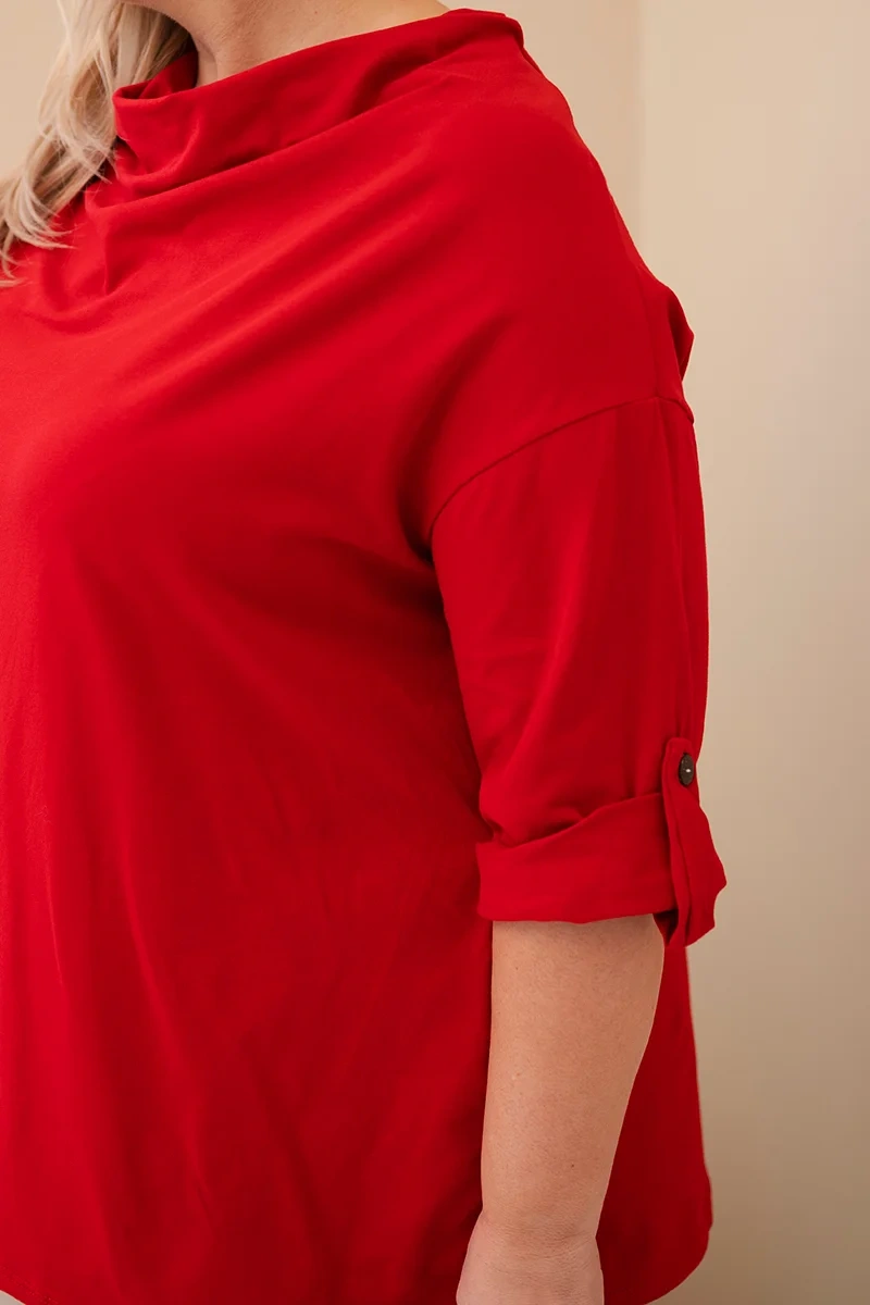 Bluzka damska Plus Size z bawełną o luźnym kroju z dekoltem wodnym czerwona 4 Bluzka damska Plus Size z bawełną o luźnym kroju z dekoltem wodnym czerwona - obrazek 4