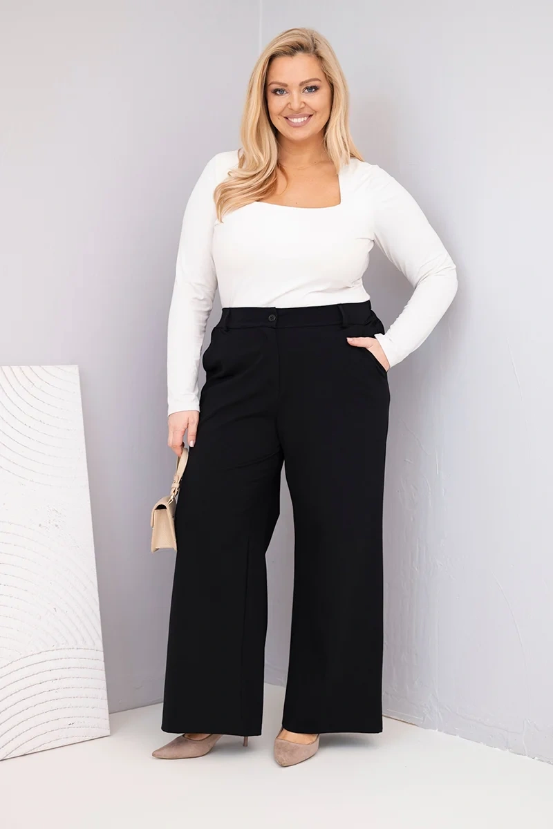 Spodnie damskie Plus Size z szeroką nogawką i wysokim stanem czarne 2 Spodnie damskie Plus Size z szeroką nogawką i wysokim stanem czarne - obrazek 2