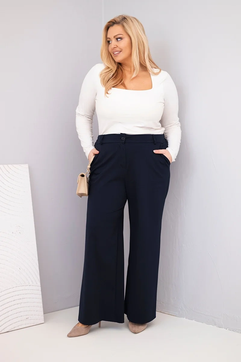 Spodnie damskie Plus Size z szeroką nogawką i wysokim stanem granatowe 2 Spodnie damskie Plus Size z szeroką nogawką i wysokim stanem granatowe - obrazek 2