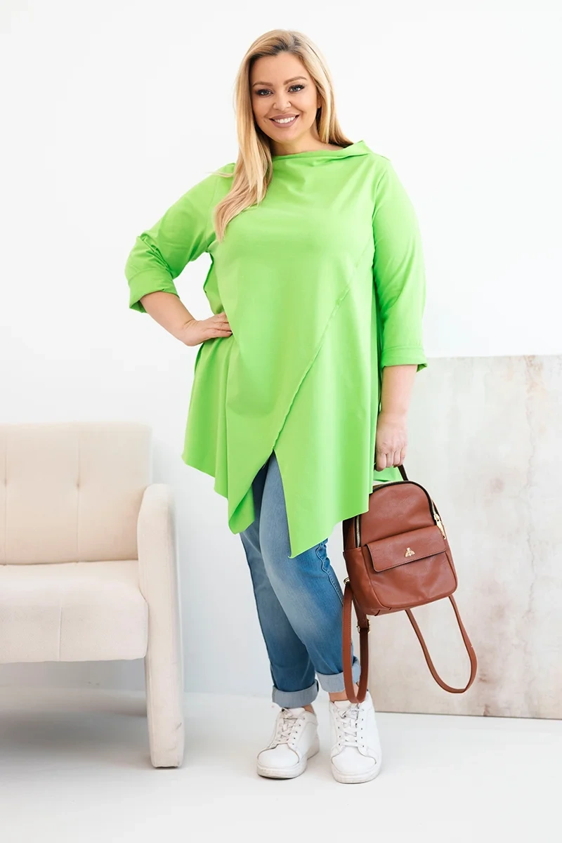 Bluzka damska bawełniana Plus Size asymetryczna z podwijanym rękawem jasno zielona 2 Bluzka damska bawełniana Plus Size asymetryczna z podwijanym rękawem jasno zielona - obrazek 2