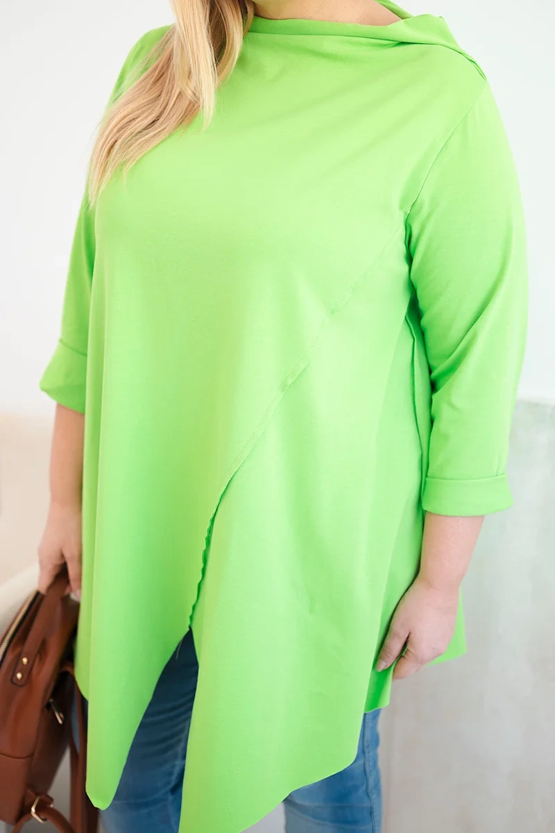 Bluzka damska bawełniana Plus Size asymetryczna z podwijanym rękawem jasno zielona 4 Bluzka damska bawełniana Plus Size asymetryczna z podwijanym rękawem jasno zielona - obrazek 4