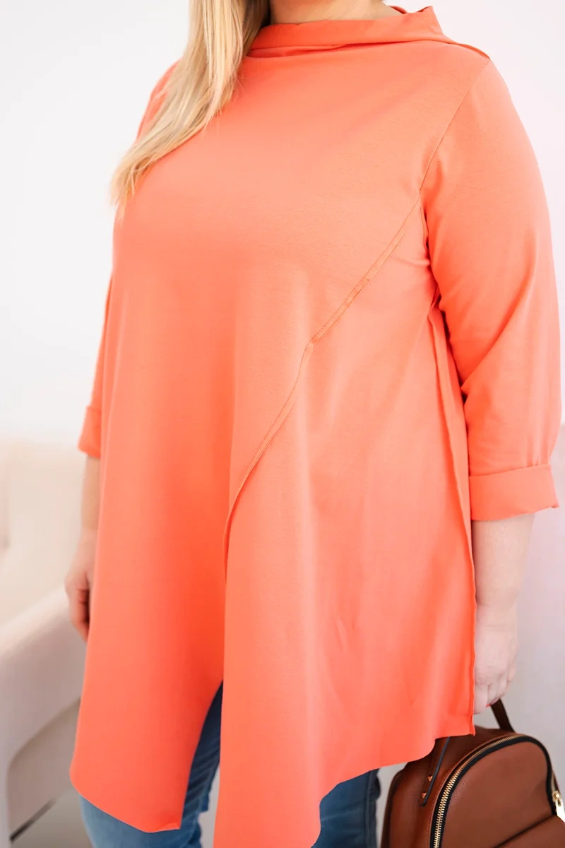 Bluzka damska bawełniana Plus Size asymetryczna z podwijanym rękawem morelowa 4 Bluzka damska bawełniana Plus Size asymetryczna z podwijanym rękawem morelowa - obrazek 4
