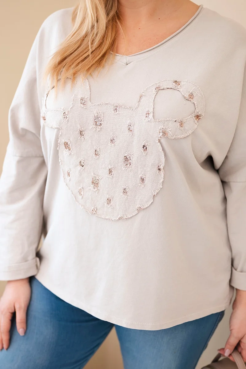 Bluzka damska bawełniana Plus Size z dekoltem V beżowa 2 Bluzka damska bawełniana Plus Size z dekoltem V beżowa - obrazek 2