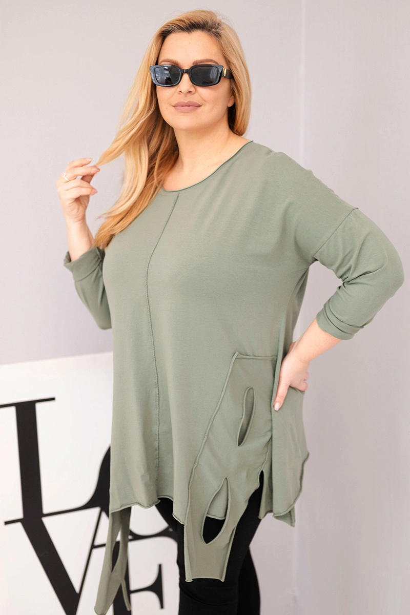 Bluzka damska bawełniana Plus Size z asymetrycznym dołem i wycięciami khaki