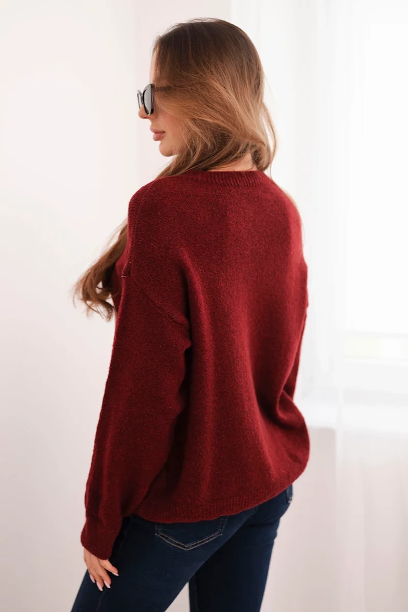Sweter damski w geometryczny wzór z domieszką wełny i alpaki bordowy 3 Sweter damski w geometryczny wzór z domieszką wełny i alpaki bordowy - obrazek 3