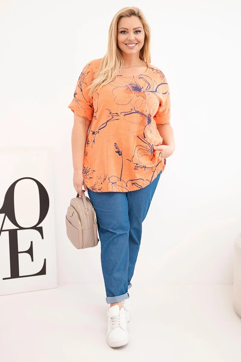 Bluzka damska bawełniana Plus Size z krótkim rękawem i kieszenią pomarańczowa 2 Bluzka damska bawełniana Plus Size z krótkim rękawem i kieszenią pomarańczowa - obrazek 2