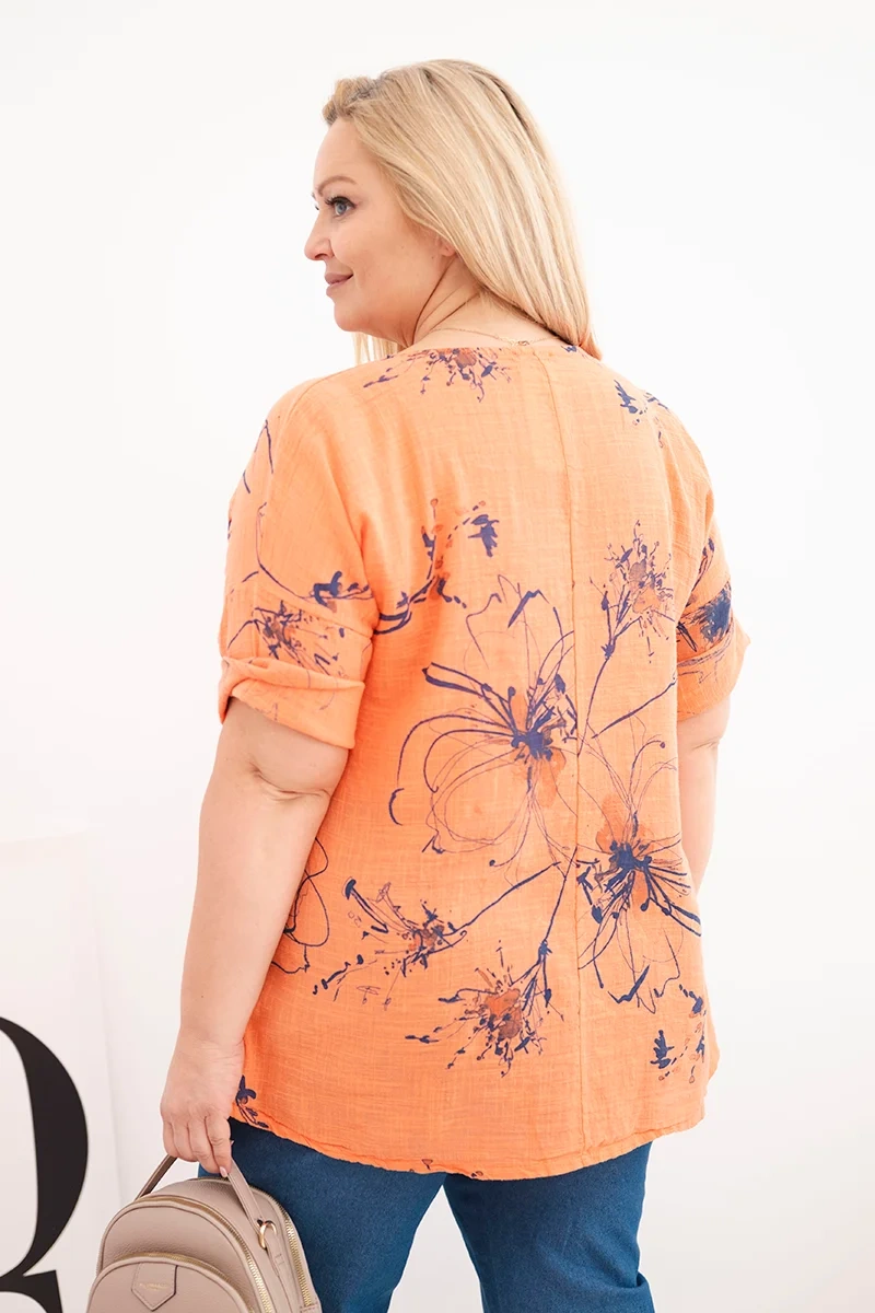 Bluzka damska bawełniana Plus Size z krótkim rękawem i kieszenią pomarańczowa 3 Bluzka damska bawełniana Plus Size z krótkim rękawem i kieszenią pomarańczowa - obrazek 3